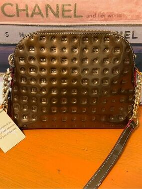 Arcadia Metallic Bronze Embossed Patent Dome Crossbody with Gold Chain NWT